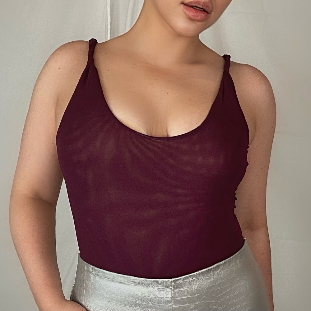 Wine Burgundy Scoop -Neck Bodysuit | Knot Strap | Stretchy Minimalist Top